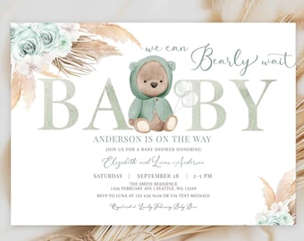 EDITABLE Sage Green Boho Bear Baby Shower Invitation Gender Neutral We Can Bearly Wait Invite Printable Template Instant Download 400V4 (1)