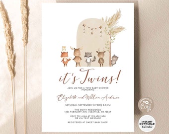 EDITABLE TWINS Boho Woodland Twin Baby Shower Invitation Gender Neutral Bohemian Invite Printable Template Instant Download 943V1 (2)