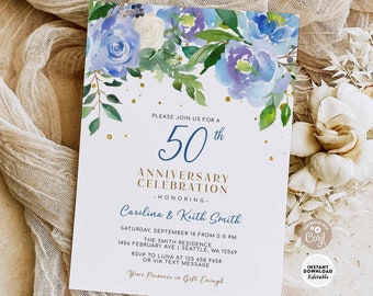 Editable Blue Floral Wedding Anniversary ANY YEAR Blue and Gold Confetti Elegant Anniversary Invitation Invite Template Instant Download 552