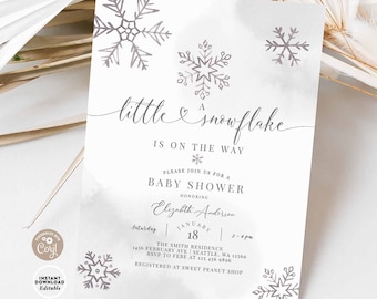 Editable Minimalist A Little Snowflake is On the Way Winter Baby Shower Sprinkle Gender Neutral Invitation Instant Download 85V1 (1)