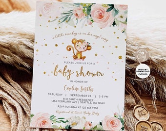 Editable Monkey Baby Shower Girl Blush Pink Floral Baby Shower Gold Confetti Baby Girl Printable Template Instant Download 131V1 (1)