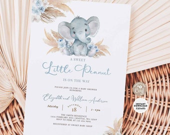 Blue Elephant Boy Baby Shower Invitation: Boho Little Peanut Shower Invite Template 664V1 (2)