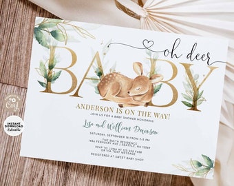 EDITABLE Greenery Gold Oh Deer Baby Shower Invitation Gender Neutral Invites Invite Template Instant Download 1313V1