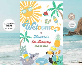 Tabliczka powitalna na urodziny chłopca na basenie na plaży: Letnie przyjęcie pływackie do druku 751K1