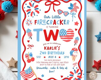 Girl 4th of July Little Firecracker TWO Second 2nd Birthday Invitation Invite Template 350 (2)