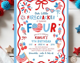 Girl 4th of July Little Firecracker FOUR 4th Twins Birthday Invitation Invite Template 350 (4)