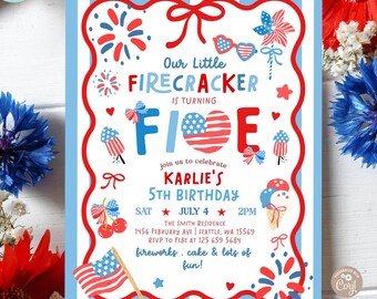 Girl 4th of July Little Firecracker FIVE 5th Twins Birthday Invitation Invite Template 350 (5)