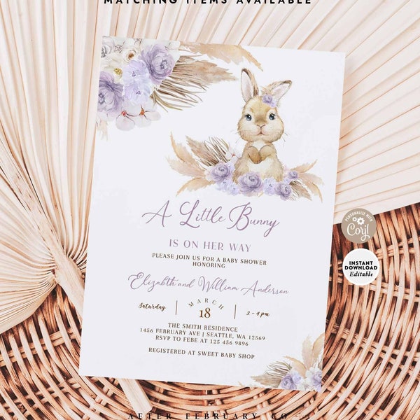 EDITABLE Lavender Purple Pampas Grass Girl Bunny Rabbit Baby Shower Boho Girl Baby Shower Printable Template Instant Download 640V2