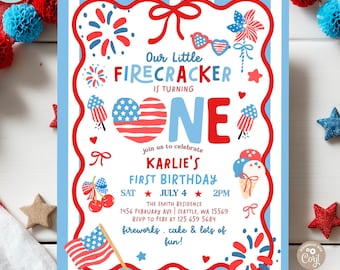 Girl 4th of July Little Firecracker First 1st Birthday Invitation Invite Template 350 (1)