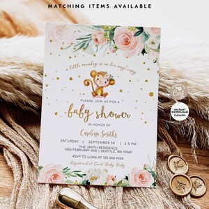 Bearbeitbarer Affe-Baby-Dusche-Mädchen Blush rosa Blumen Baby Shower Gold Konfetti Baby Mädchen druckbare Vorlage Sofort-Download 131V1 (1)