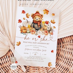 BEWERKBARE Fall Pumpkin Teddy Bear Gender Reveal Hr of She Party Baby Reveal Uitnodiging Pompoen Uitnodigen Afdrukbare Instant Download 435V1 (2)