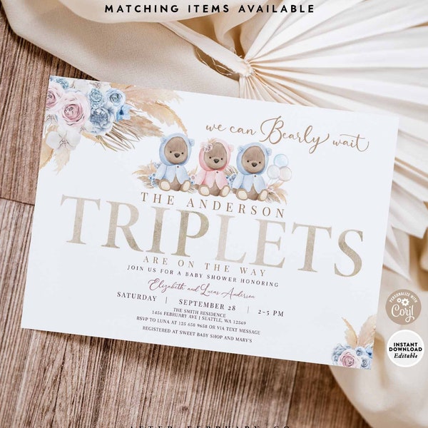 EDITABLE Pampas Grass Triplet Boys Girl Teddy Bear Baby Shower Invitation We Can Bearly Wait Printable Template Instant Download 400TR5 (1)