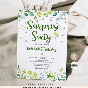 EDITABLE ANY AGE St Patrick&#39;s Day Adult Birthday Invitation Surprise Shamrock Irish Birthday Printable Template Instant Download 200B1
