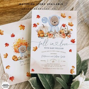 Editable Blue Boho Bear Fall Baby Shower Invitation Pumpkin Baby Shower Invitation Invite Printable Digital Instant Download 490V1 (1)