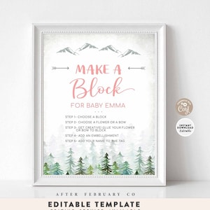 BEWERKBARE Roze Gepersonaliseerde Adventure Block Making Station Mountain Tree Baby Shower Afdrukbare Sjabloon Instant Download 540V3