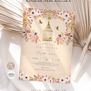 EDITABLE Vintage Birdcage Baby Shower Invitation Gold Birds Baby Shower Invitation Shabby Invite Printable Template Instant Download 241