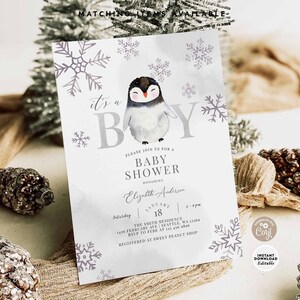 Convite EDITÁVEL para chá de bebê com floco de neve de pinguim Inverno é um chá de menino Modelo de convite para chá de bebê do Ártico Download instantâneo 1325V1 (2)