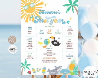 Edytowalny znak na urodziny chłopca na basenie z okazji pierwszego roku: Edytowalny szablon 751K1