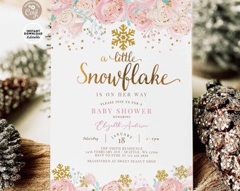 EDITABLE Winter Baby Shower Invitation Girl A Little Snowflake Baby Shower Invite Blush Pink Gold Invite Template Instant Download 706 (1)