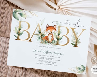 EDITABLE Greenery Gold Fox Baby Shower Invitation Gender Neutral Oh Baby Boy Girl Invite Printable Template Instant Download 1060V2