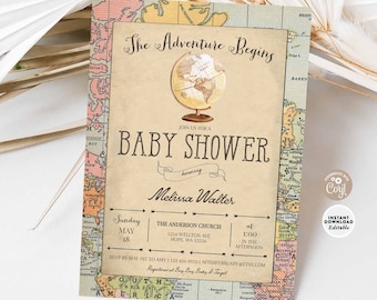 Globo modificabile Viaggiare Gender Neutral Vintage Viaggi in giro per il mondo Baby Shower Invito Modello stampabile Download istantaneo 1395V1 (1)