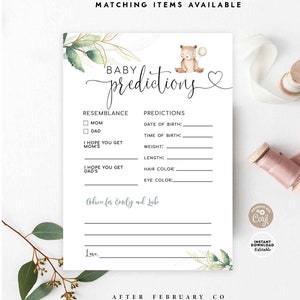 EDITABLE Greenery Gold Bear Prediction Card Nous pouvons attendre de manière supportante Baby Shower Jeux Activité Gender Neutral Template Téléchargement instantané 1305V1