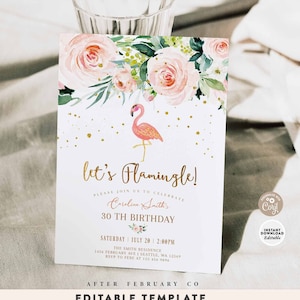 Editable Let&#39;s Flamingo Adult Birthday Summer Floral Blush Tropical Hawaii Aloha Birthday Invites Printable Template Instant Download 192