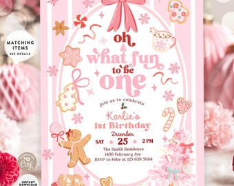 Pink Christmas Oh What Fun to be One 1st Birthday Invitation Template 565K1 (1-3)