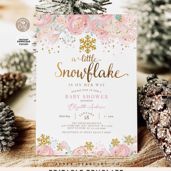 EDITABLE Winter Baby Shower Invitation Girl A Little Snowflake Baby Shower Invite Blush Pink Gold Invite Template Instant Download 706 (1)