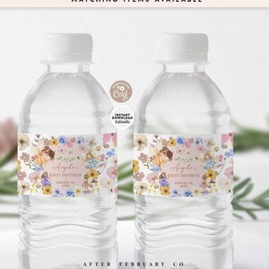 Etiquetas para botellas de agua editables con diseño de hada, flores silvestres, margaritas, prados, flores y mariposas, para cumpleaños, plantillas imprimibles, descarga instantánea 27K1