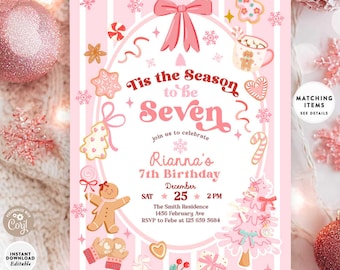 Pastel Pink Christmas tis the Season to be Seven 7th Birthday Invitation: Girl Winter Holiday Birthday Invite Template 565K1 (7)