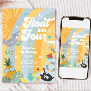 May include: A colorful invitation for a 4th birthday party with a summer theme. The invitation features a rainbow, a shark, a pineapple, a watermelon, a toucan, and the text "Float into Four".