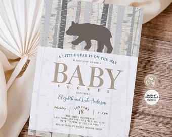 Editable Woodland Baby Shower Sprinkle Bear Taupe Blue Birch Vintage Retro Rustic Typography Invite Printable Instant Download 947V2 (1)