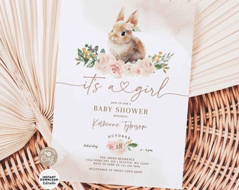Editable It's A Girl Bunny Baby Shower Invitation Easter Rabbit Baby Shower Invite Shabby Floral Digital Instant Download 152V1 (1)