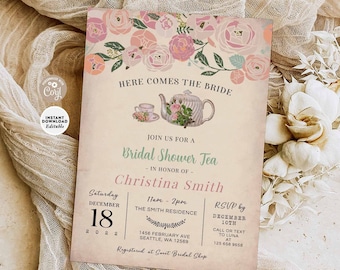 EDITABLE Bridal Shower Tea Invitation Bridal Tea Party Here Comes The Bride Invitation Printable Template Instant Download 888BR1 (1)