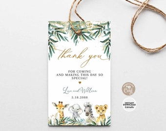 May include: Thank you tag with a green and gold leafy design. The tag features a giraffe, elephant, zebra, and lion. The text reads "Thank you" and "For coming and making this day so special!" with the names "Lisa and William" and the date "5.18.2088".