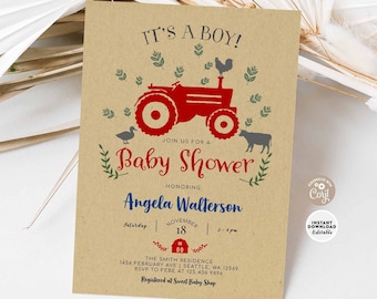 EDITABLE Tractor Baby Shower Boy Red Tractor Kraft Baby Shower Boy Farm Baby Shower Invitation Invite Template Instant Download 586V4 (1)