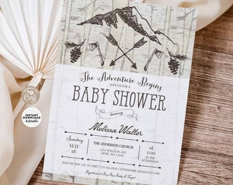 May include: A white and brown baby shower invitation with a mountain and arrow design. The text reads "The Adventure Begins" and "Baby Shower" honoring Melissa Walter. The date and time of the shower are listed as Sunday, May 18th at 1:00 in the afternoon. The location is The Anderson Church, 1254 Wellton Ave, Hope, WA 12554. The RSVP information is listed as well.