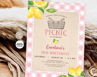 EDITABLE Picnic Birthday Summer Park Citrus Lemon Pink Gingham ANY AGE Birthday Picnic Party Invite Printable Instant Download 478K4 (1)