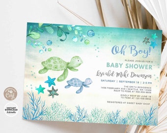 May include: A blue and green baby shower invitation with a watercolor background featuring two sea turtles and starfish. The text reads "Oh Boy! Please join us for a Baby Shower Lisa and Mike Downson Saturday, September 18, 2-5 PM The Smith Residence 1456 February Ave | Seattle, WA 12569 RSVP to Febe at 456 856 9856 Kindly RSVP by June 18 to Febe at 125 456 9856 Registered at Sweet Baby Shop"