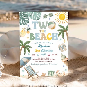 Invito per festa in spiaggia per il secondo compleanno di BOY TWO the Beach, modello digitale modificabile, colore: blu salvia, marrone chiaro, atmosfera estiva, 620K2 (2-2)