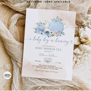 EDITABLE Blue Floral Baby Boy Tea Party Invite Invitation A Baby Boy is Brewing Tea Party Printable Digital Instant Download 901V1