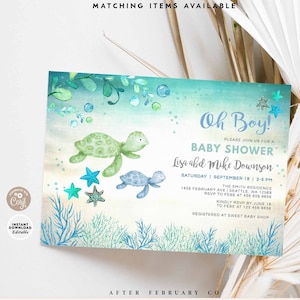 EDITABLE Sea Turtle Baby Boy Shower Invitation Oh Boy Mint Blue Teal Turtle Baby Shower Invite Digital Printable Instant Download 1204 (1)