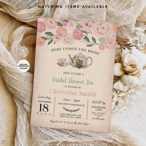 EDITABLE Bridal Shower Tea Invitation Bridal Tea Party Here Comes The Bride Invitation Printable Template Instant Download 888BR1 (1)