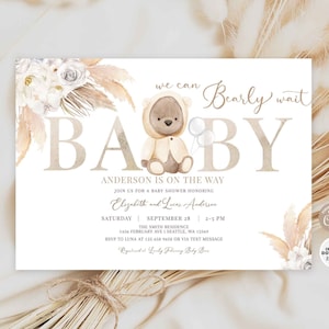 EDITABLE Beige Cream Boho Bear Baby Shower Invitation Gender Neutral We Can Bearly Wait Invite Printable Template Instant Download 400V5 (1)
