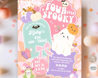 Four Ever Spooky Ghost Halloween Boo Day 4th Birthday Invitation Invite Digital Template 684K2 (4)