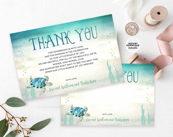 EDITABLE Under The Sea Thank You Flat Note Card Gender Neutral Sea Turtle Thank You Card Printable Template Instant Download 1012