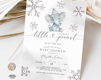 Boy Winter Elephant Little Peanut Baby Shower Invitation Elephant Baby Shower Invitation Invite Template Printable Instant Download 950V1