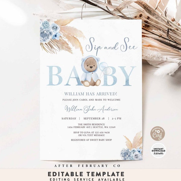 EDITABLE Blue Pampas Grass Boy Blue Boho Bear Sip and See Invitation Boy Teddy Bear Invite Printable Template Instant Download 400V1 (13)