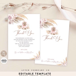 EDITABLE Pampas Grass Boho Pink Teddy Bear Thank You Card Bear Thank You Flat Note Card Printable Template Instant Download 400V2